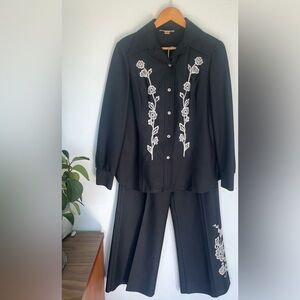 Vintage Black with Silver Floral Embroidered Wide Leg Pant Suit Set